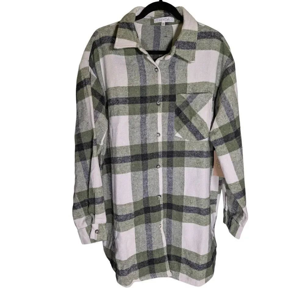 NWT Eden and Olivia Women's Flannel Olive/Ivory Plaid Button Up Shirt Women's Si